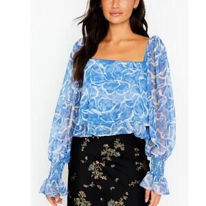 TART blouse top balloon/trumpet sleeves semi sheer baby blue/white flowy SZ MD